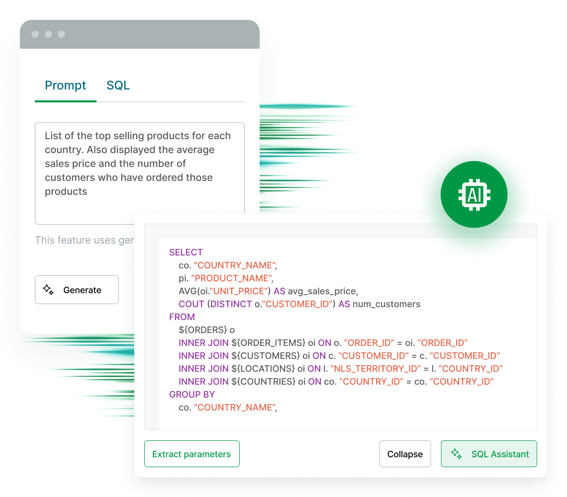 Illustrazione di un assistente IA su schermo che fornisce risposte Una query generata in SQL è mostrata accanto a un prompt che chiede una lista dei prodotti più venduti, incluso il prezzo medio di vendita e il numero di clienti.