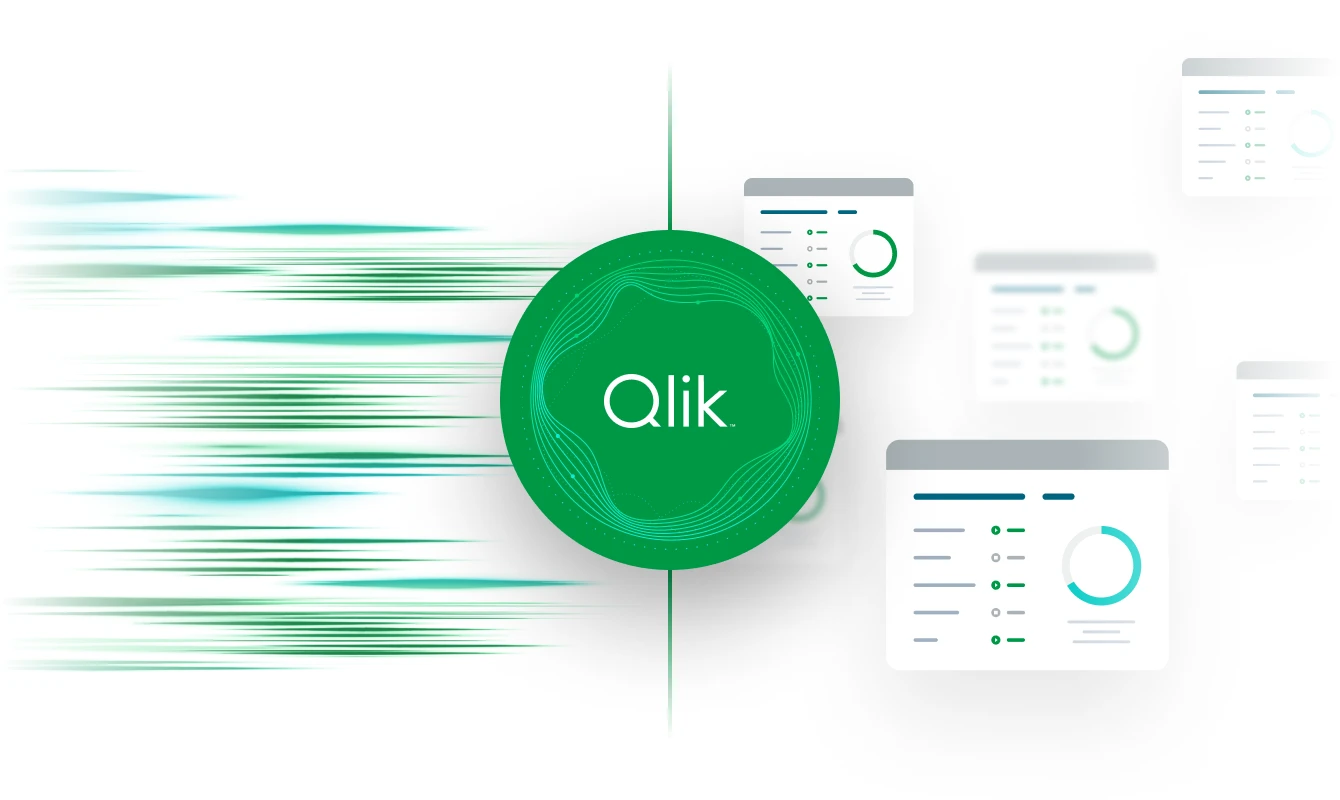 Ilustração mostrando o logo da Qlik no centro, com linhas verdes e azuis desfocadas à esquerda e interfaces de telas com dados ou gráficos analíticos à direta, sugerindo a entrada e saída de dados.