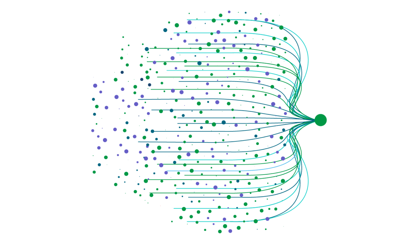 Rappresentazione visiva di un flusso con fasci di linee e punti che convergono verso un cerchio verde centrale. I punti hanno vari colori e dimensioni e sono distribuiti lungo i percorsi.