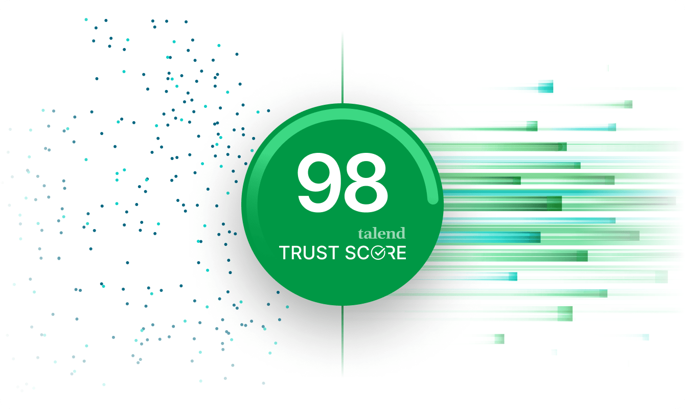 Image d'un cercle vert affichant le nombre 98 et le texte « talend TRUST SCORE ». Il est encadré de points bleus et verts sur la gauche et de lignes vertes sur la droite.