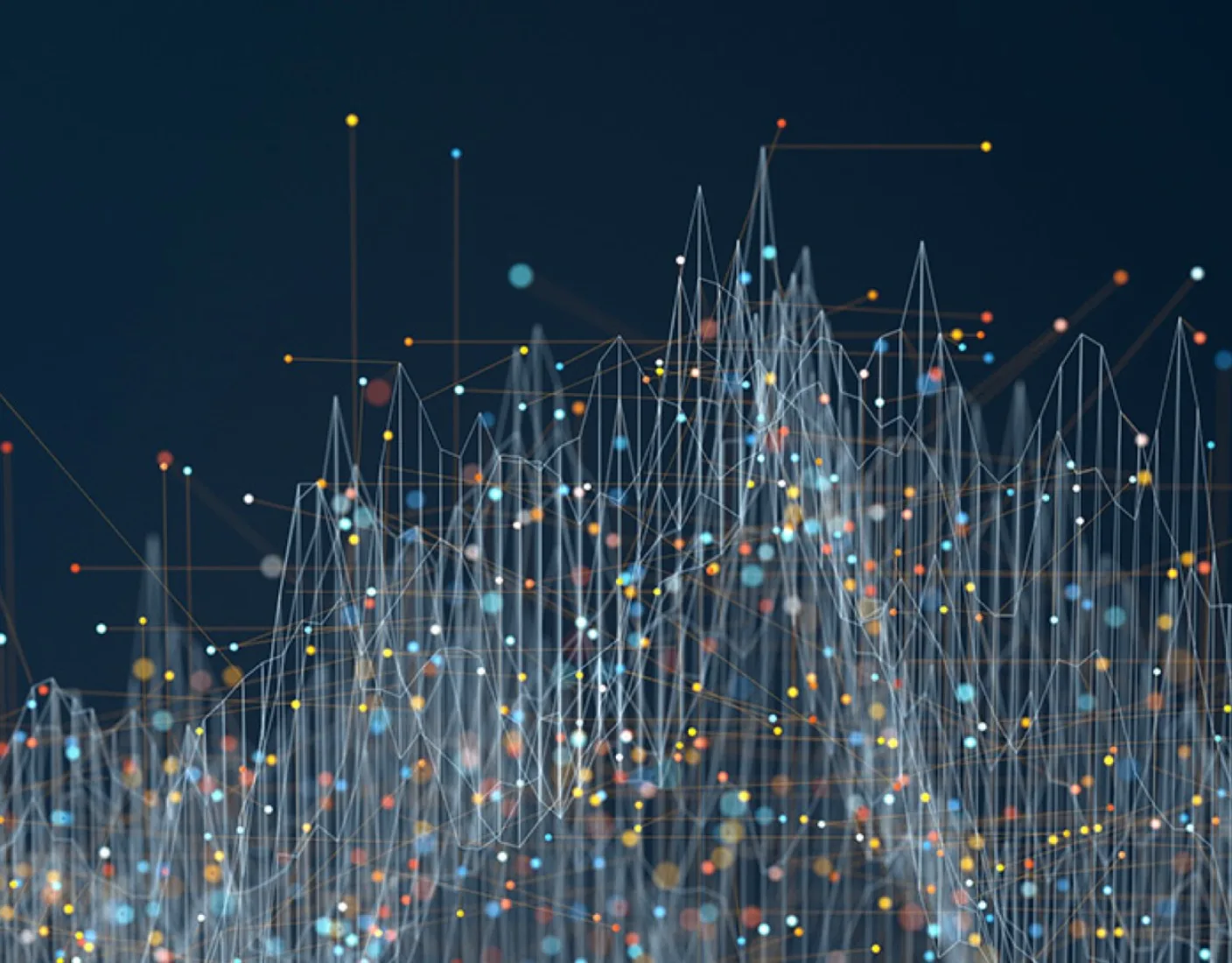 Abstrakte digitale Grafik mit miteinander verbundenen Linien und Punkten vor dunklem Hintergrund, die an eine Datenvisualisierung erinnert.
